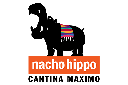 Nacho Hippo Logo with link to Website and  and image of plate of assorted taco specialty dishes